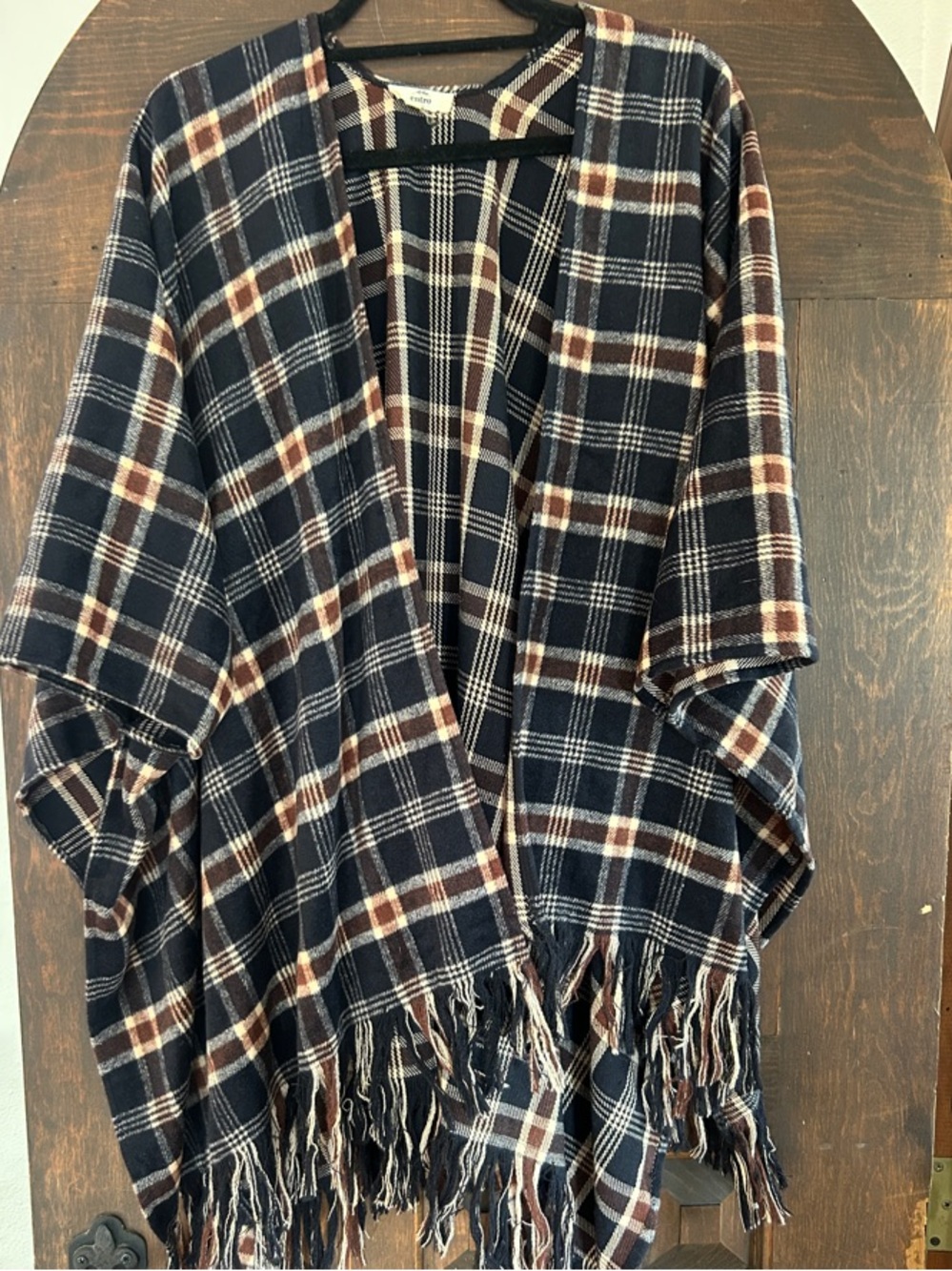 entro Navy Plaid Fringe Poncho with Brown and Cream Accents